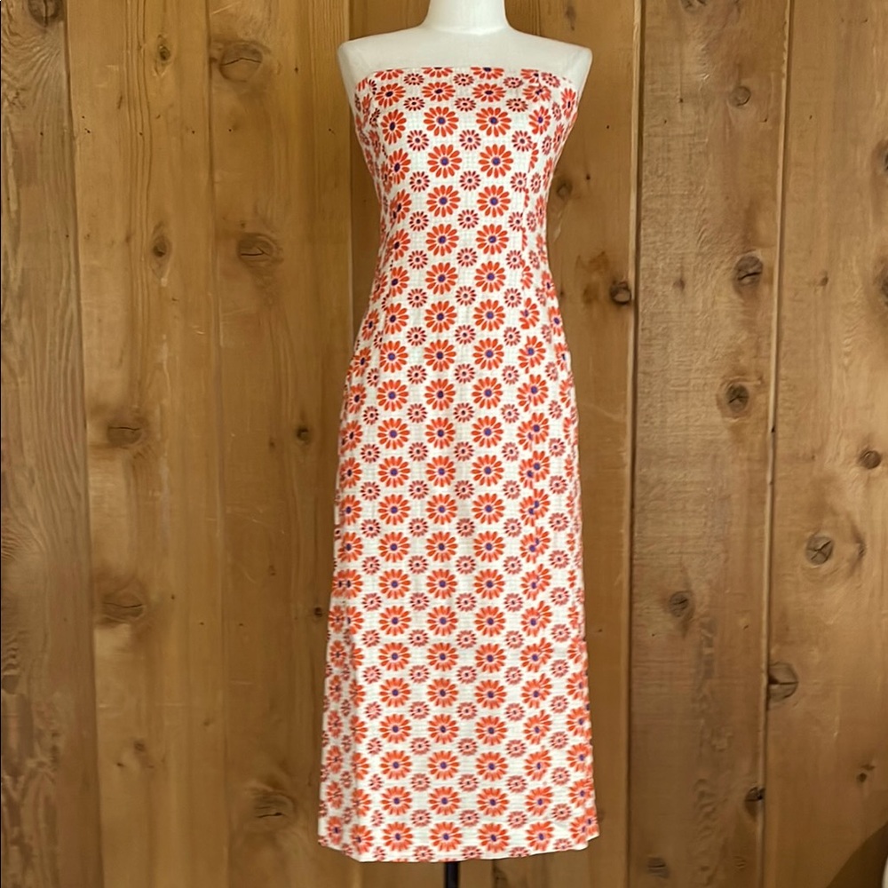 RHODE Strapless Midi Dress in White and Orange Floral Print - Picture 2 of 7